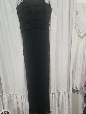 Black Ruffle Tiered Maxi Dress with 100% Silk Underlay, Spaghetti Straps